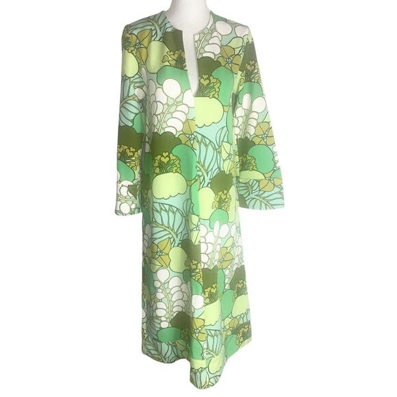 Zara Womens Green Floral Print Long Sleeve Split neck Shift Dress XS NWT - Picture 1 of 8